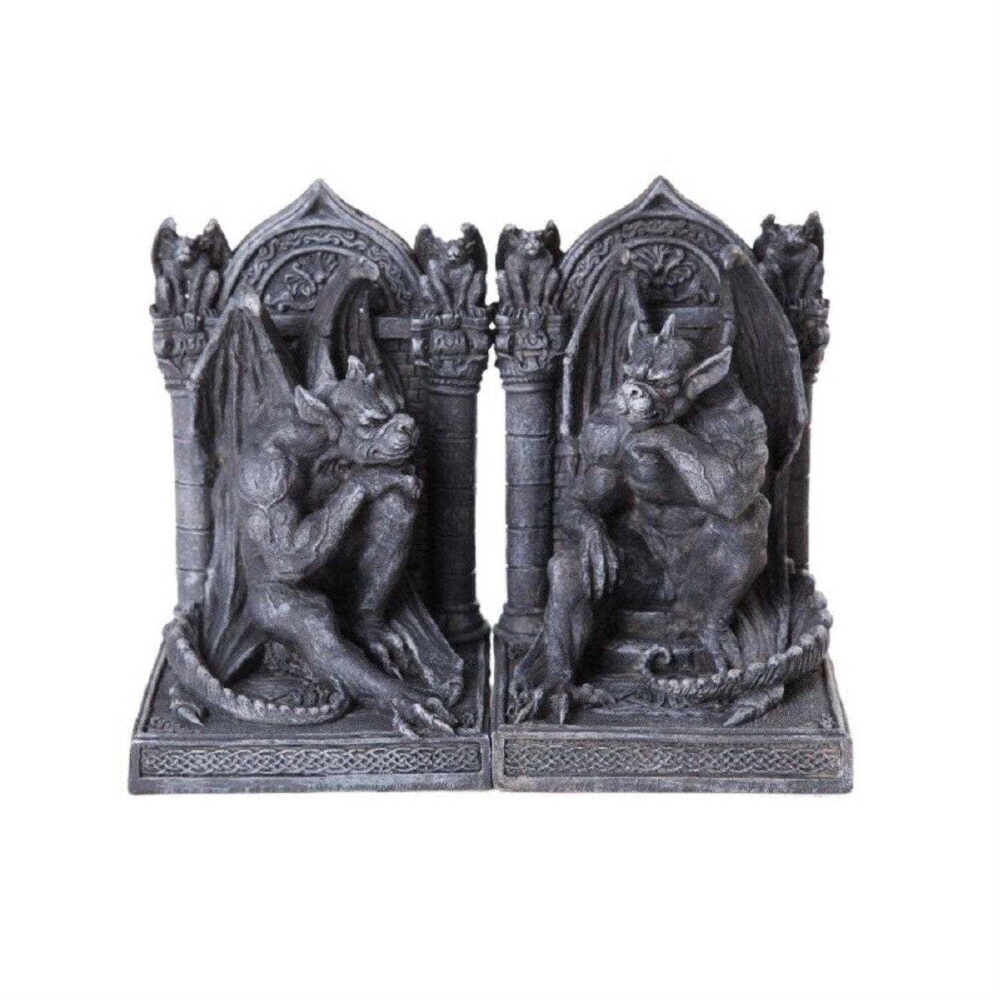 Gothic Thinker Gargoyle Sculpture Stone Finish Resin Book Ends Set 6.75 Inches Tall