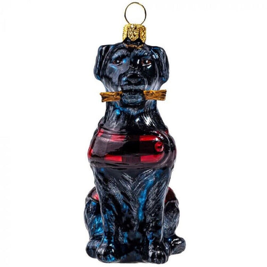 Joy to the World Black Labrador Retriever in Buffalo Check Coat Polish Glass Christmas Ornament