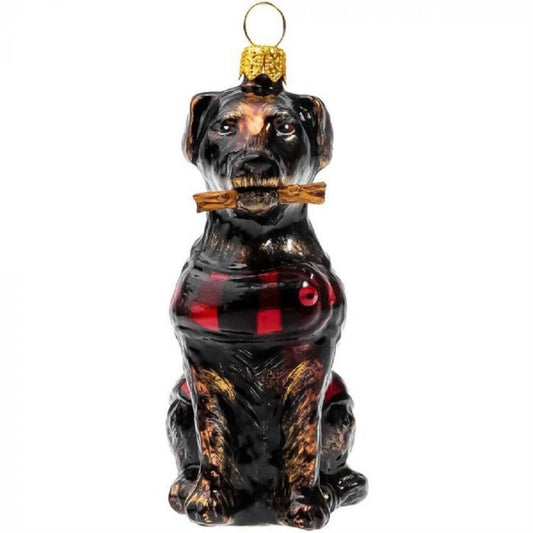 Joy to the World Chocolate Labrador Retriever in Buffalo Check Coat Polish Glass Ornament