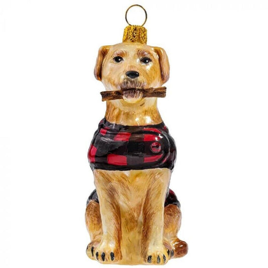 Joy to the World Yellow Labrador Retriever in Buffalo Check Coat Polish Glass Christmas Ornament