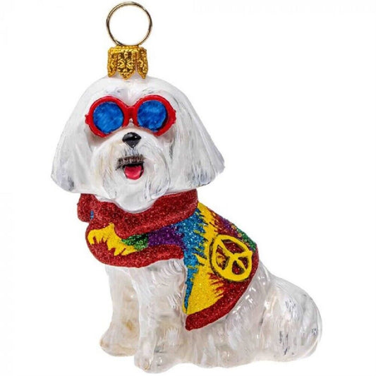 Joy to the World Maltese in a Tie Dye Coat and Sunglasses Polish Glass Christmas Ornament