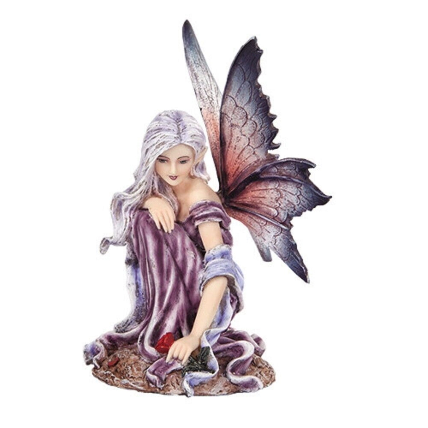 Fairyland Purple Winged Fairy with Red Rose Statue Figurine 5.25 inch