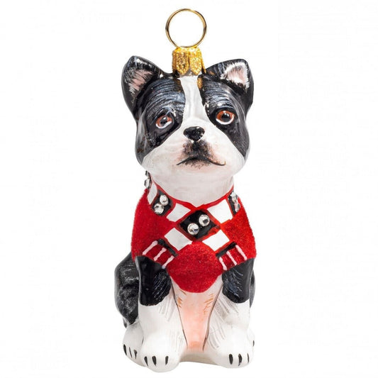 Joy to the World Boston Terrier in Red Coat and Scarf Polish Glass Christmas Ornament