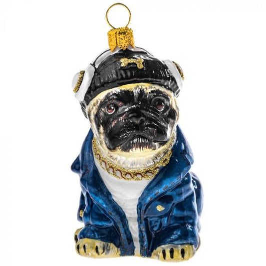 Joy to the World Fawn Pug in Denim Jacket and Headphones Polish Glass Christmas Ornament