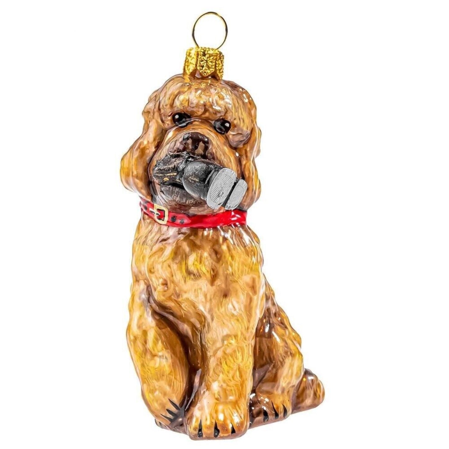 Joy to the World Labradoodle with Hiking Boot Polish Glass Christmas Ornament