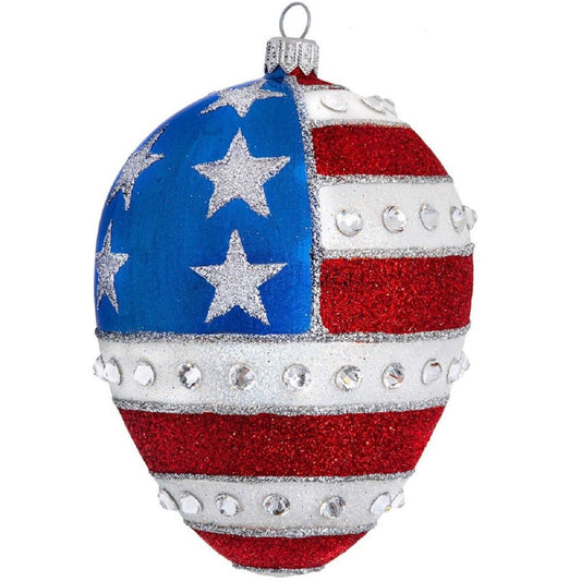 Joy to the World Red White and Blue Jeweled Egg Polish Glass Christmas Ornament