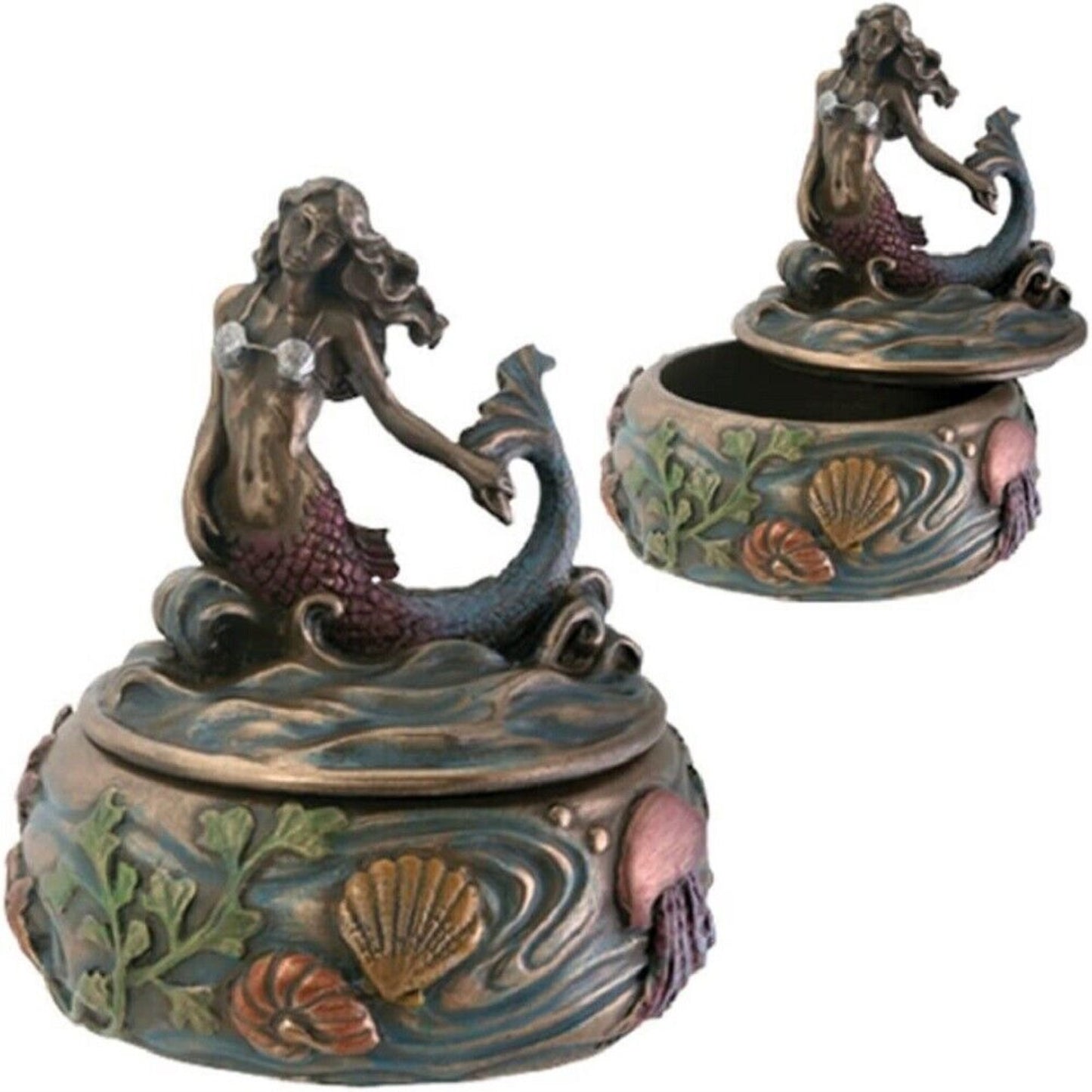 Bronze Mermaid Sitting Above Ocean Waves Small Round Jewelry Trinket Keepsake Box Resin 3.25 inch