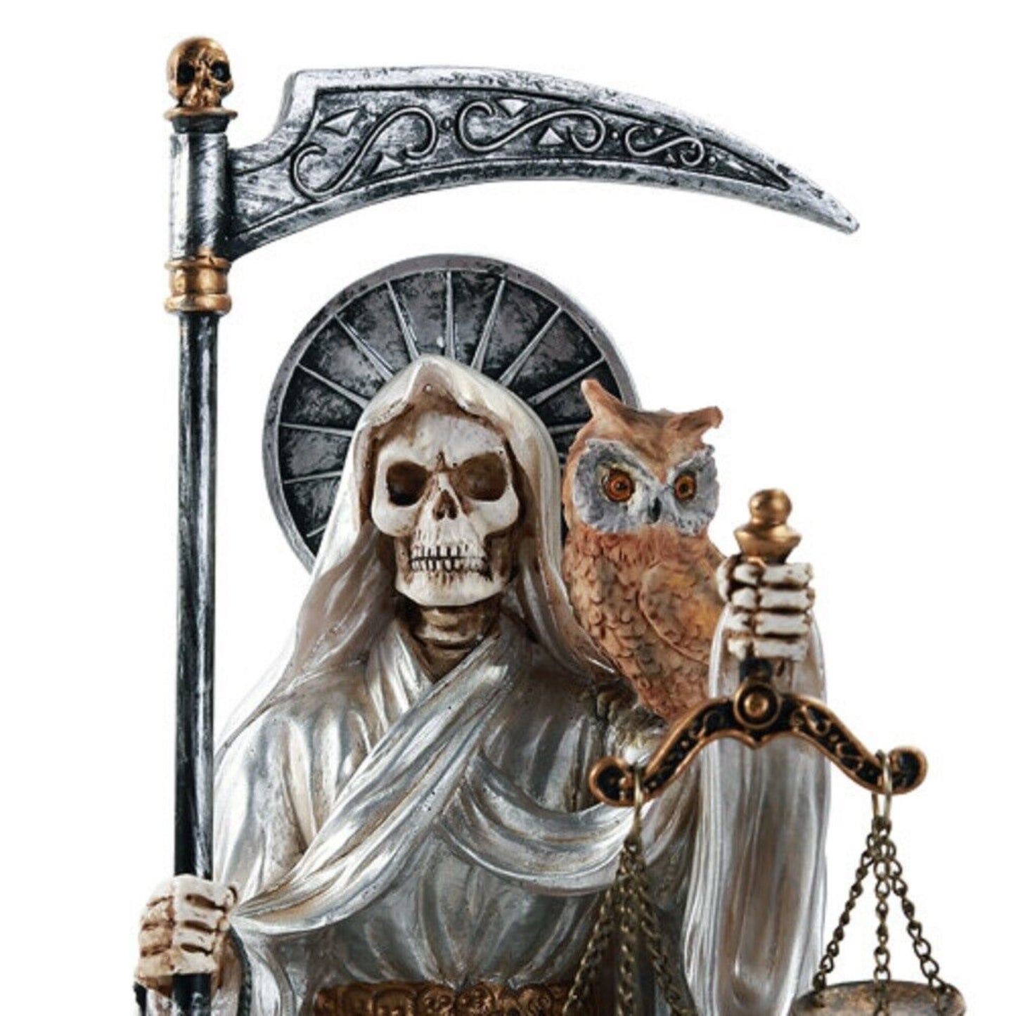 White Santa Muerte Saint of Holy Death Seated Religious Statue 9 Inch