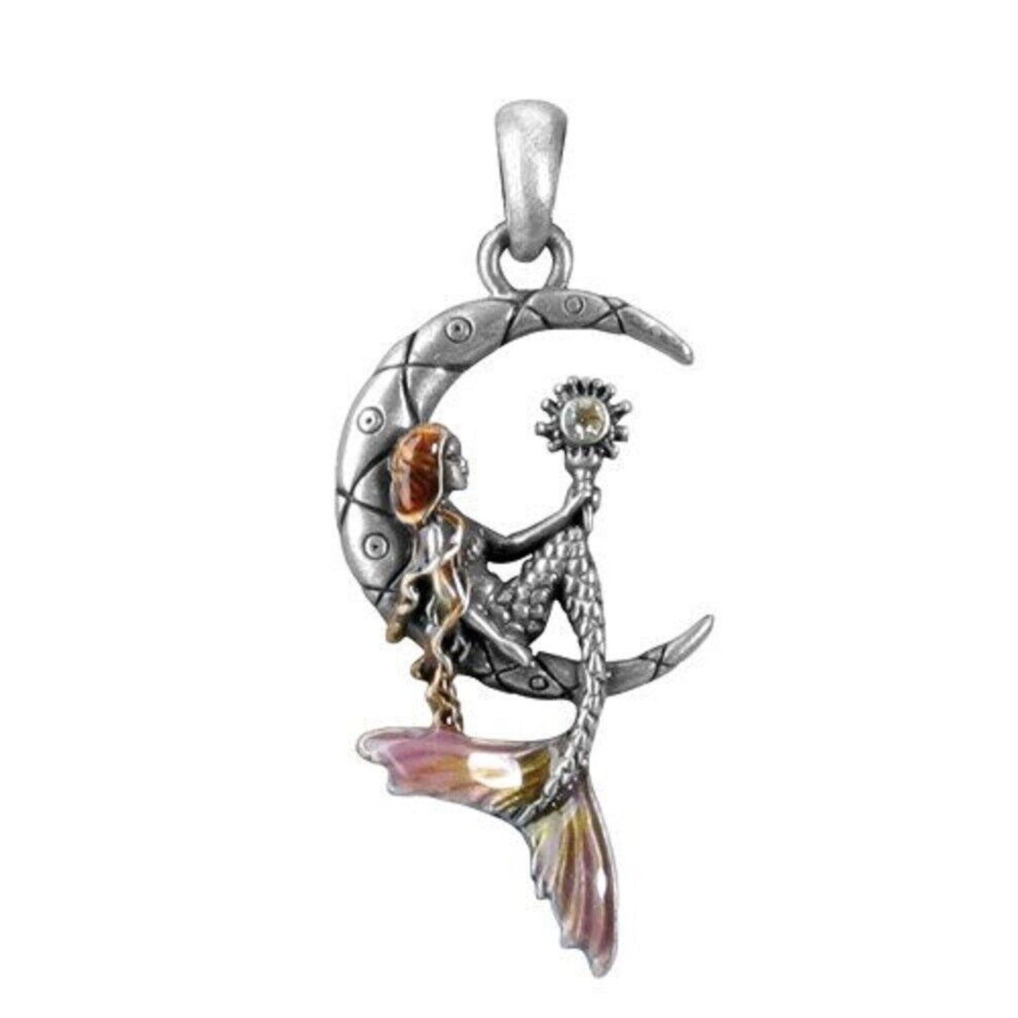 Mermaid Luna on Crescent Moon Pewter Pendant Fantasy Jewelry