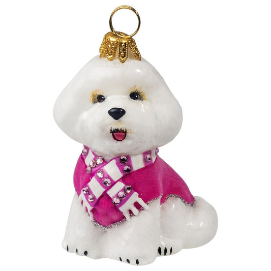 Joy to the World Bichon Frise in Pink Velvet Coat and Scarf Polish Glass Christmas Ornament