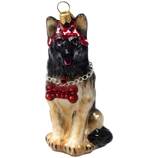 Joy to the World German Shepherd with Dog Bone Collar Polish Glass Christmas Ornament