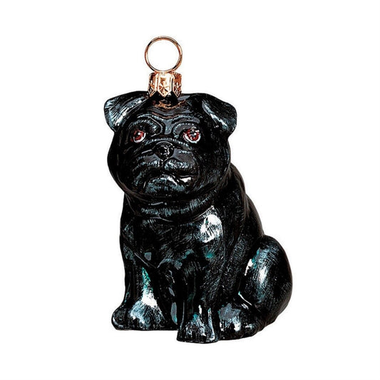 Joy to the World Black Pug Sitting Dog Polish Blown Glass Christmas Ornament