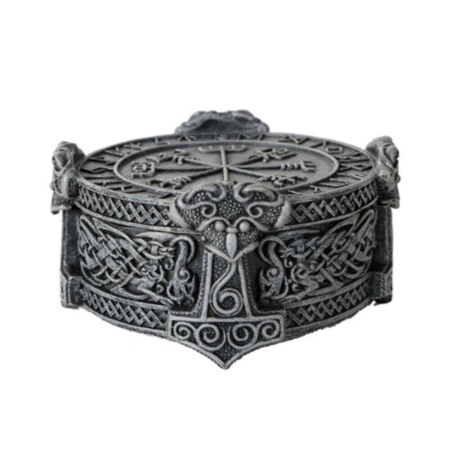 Norse Viking Vegviser Runic Compass Knotwork Thor Hammer Jewelry Trinket Keepsake Box 5 inch Diameter