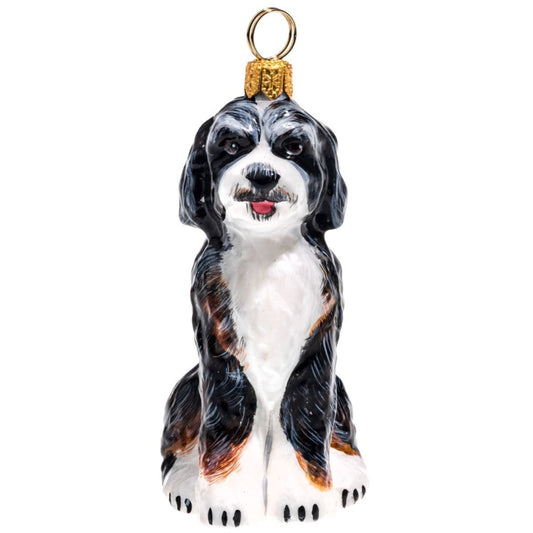 Joy to the World Black and White Bernedoodle Dog Polish Glass Christmas Ornament