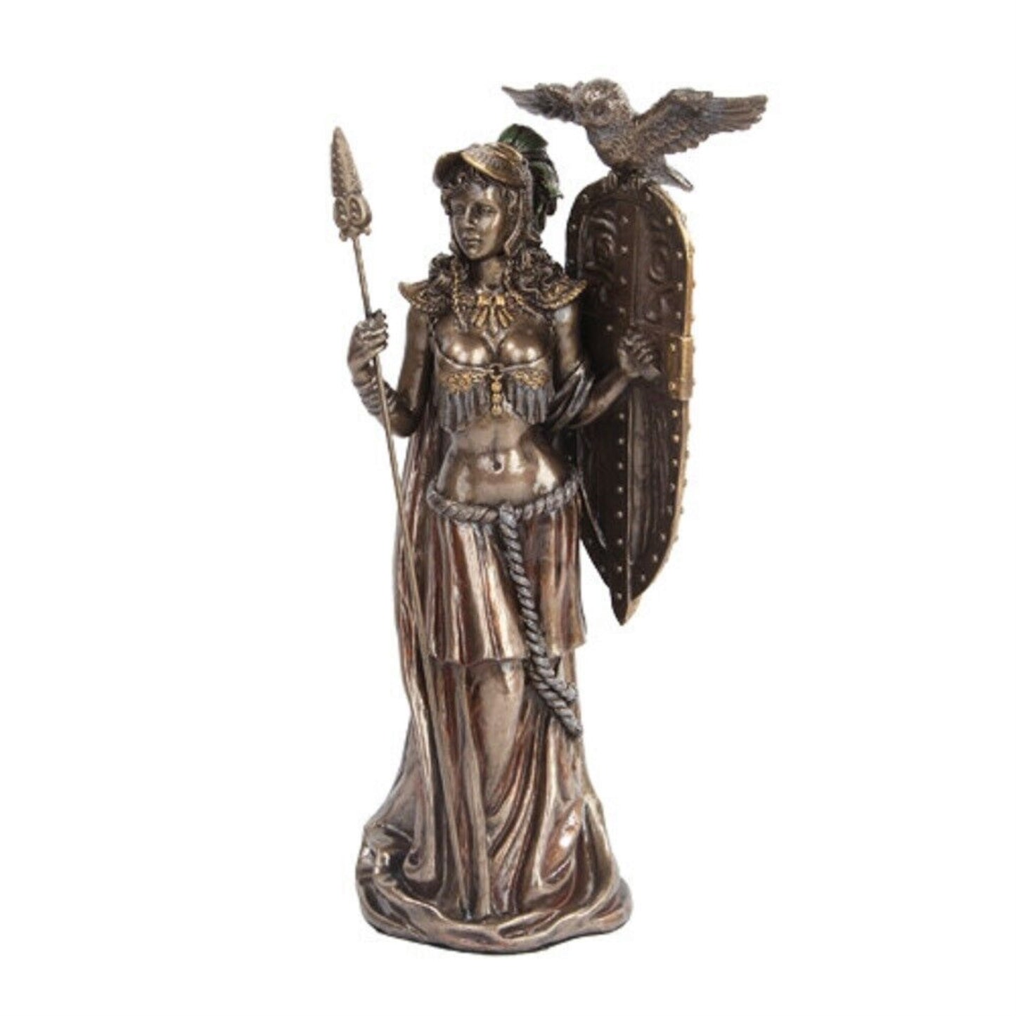 10 Inch Bronze Colored Athena Greek Goddess Figurine Holding Shield with Owl