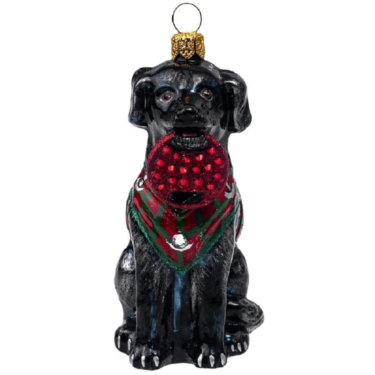 Joy To The World Black Lab In Vest Polish Glass Ornament Fetching Ring Dog