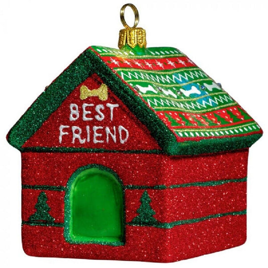 Joy to the World Best Friend Dog House Polish Glass Christmas Ornament