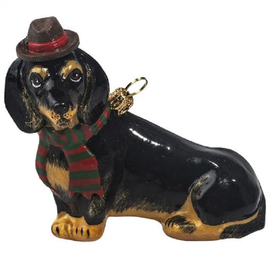 Joy to the World Black Dachshund with Fedora and Scarf Polish Glass Dog Ornament