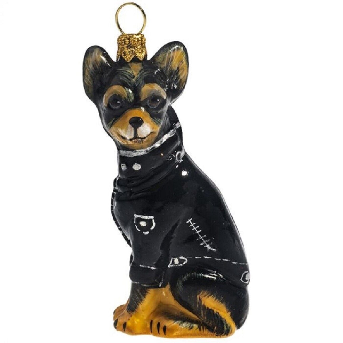 Joy to the World Tri Color Chihuahua in Black Motorcycle Jacket Polish Glass Dog Ornament