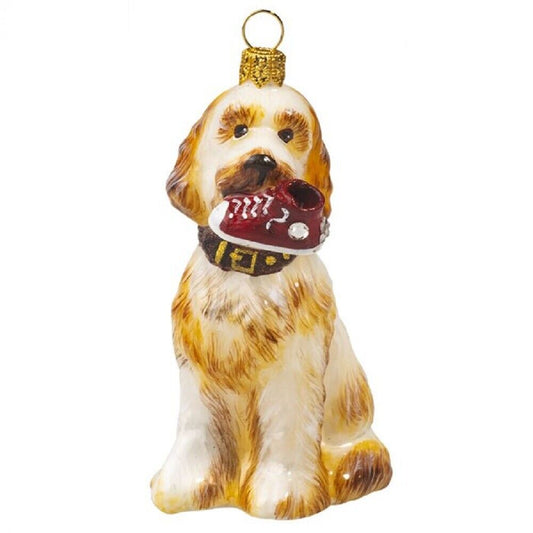 Joy to the World Goldendoodle with High Top Sneaker and Crystal Collar Polish Glass Dog Ornament