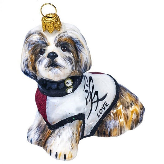Joy to the World Brown and White Shih Tzu with Japanese Love Coat Polish Glass Dog Ornament