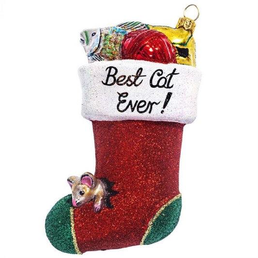 Joy to the World Best Cat Ever Stocking Polish Glass Christmas Ornament
