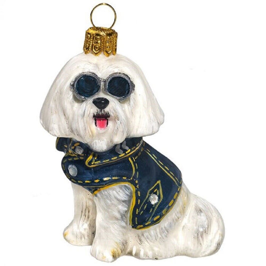 Joy to the World Maltese with Denim Jacket and Sunglasses Polish Glass Dog Ornament