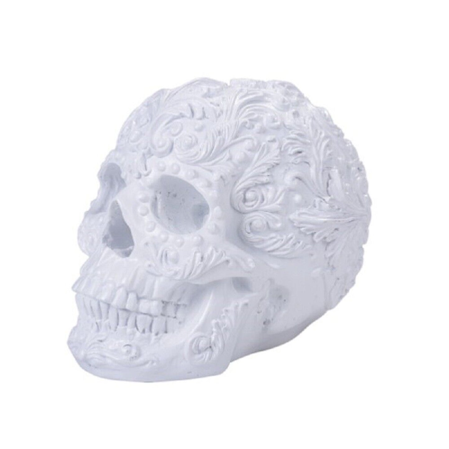 Rococo White Human Skull Resin Figurine Tabletop Statue 8.6 x 6.75 inch