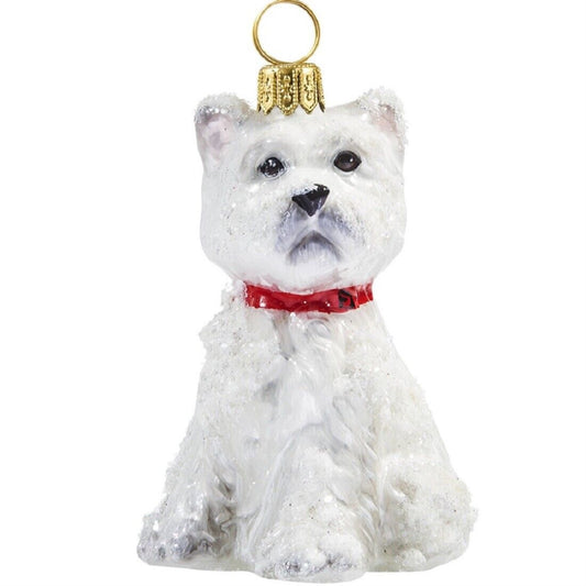 Joy to the World Snowy West Highland Terrier Westie Sitting Polish Glass  Christmas Ornament Dog