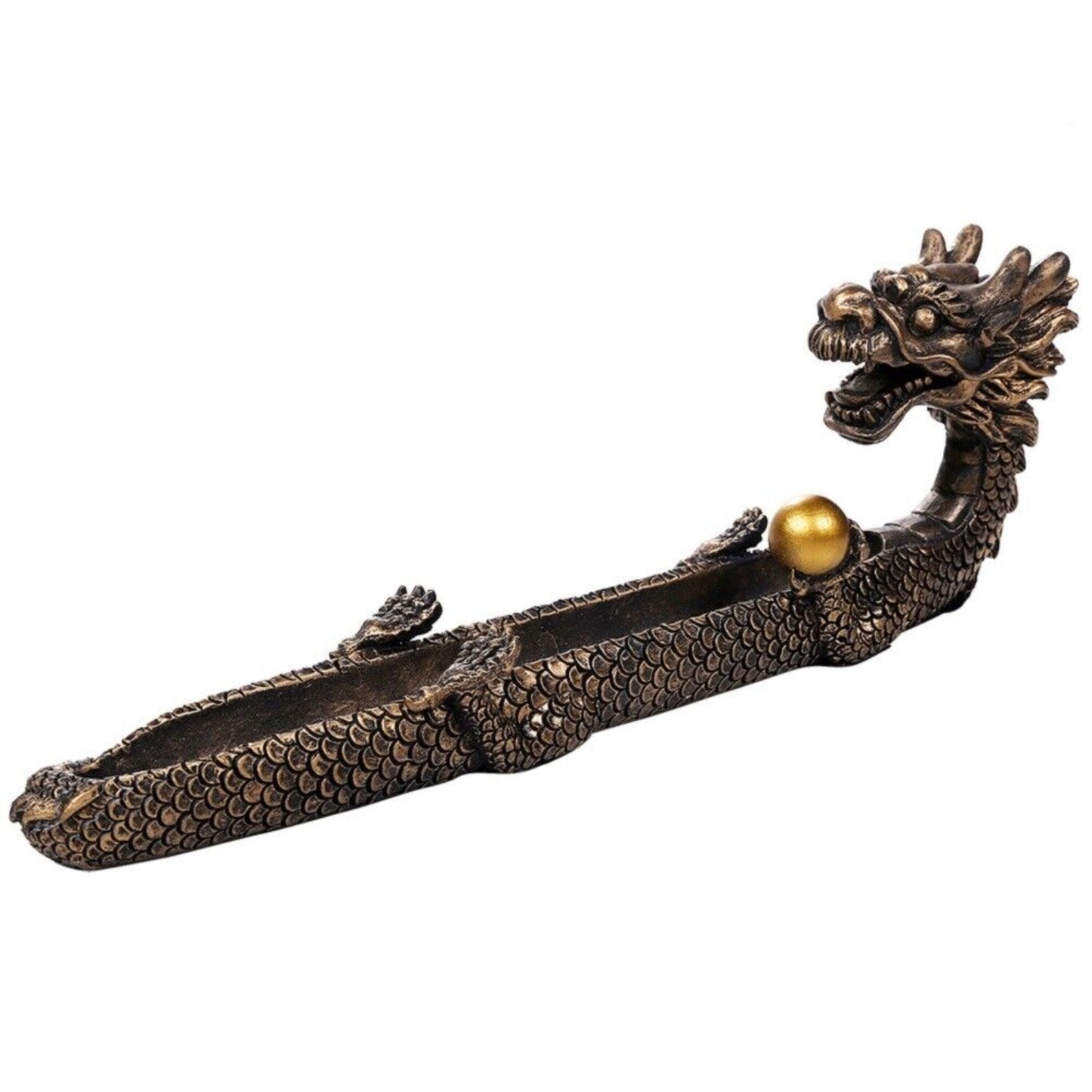 Feng Shui Dragon Holding Orb Bronze Color Stick Incense Burner Holder 10.25 Inch L