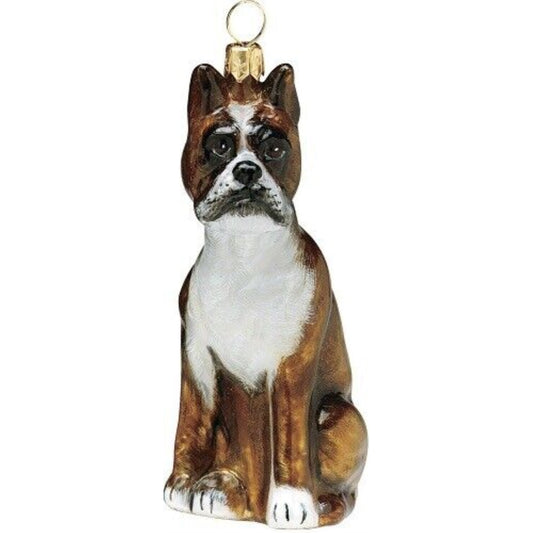 Joy to the World Boxer Dog Sitting Polish Blown Glass Christmas Ornament