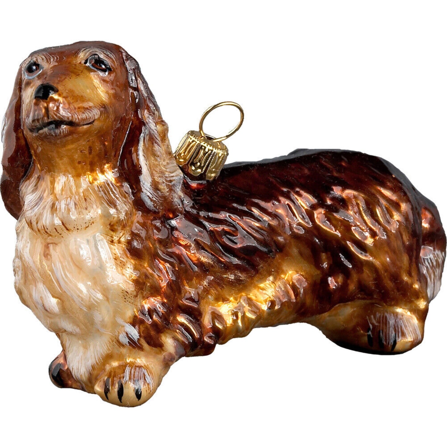 Joy to the World Dachshund Long Haired Red Polish Glass Christmas Ornament Dog Decoration