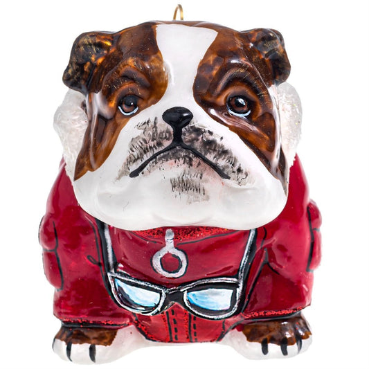 Joy to the World Brown and White Bulldog in Arctic Coat Polish Glass Ornament