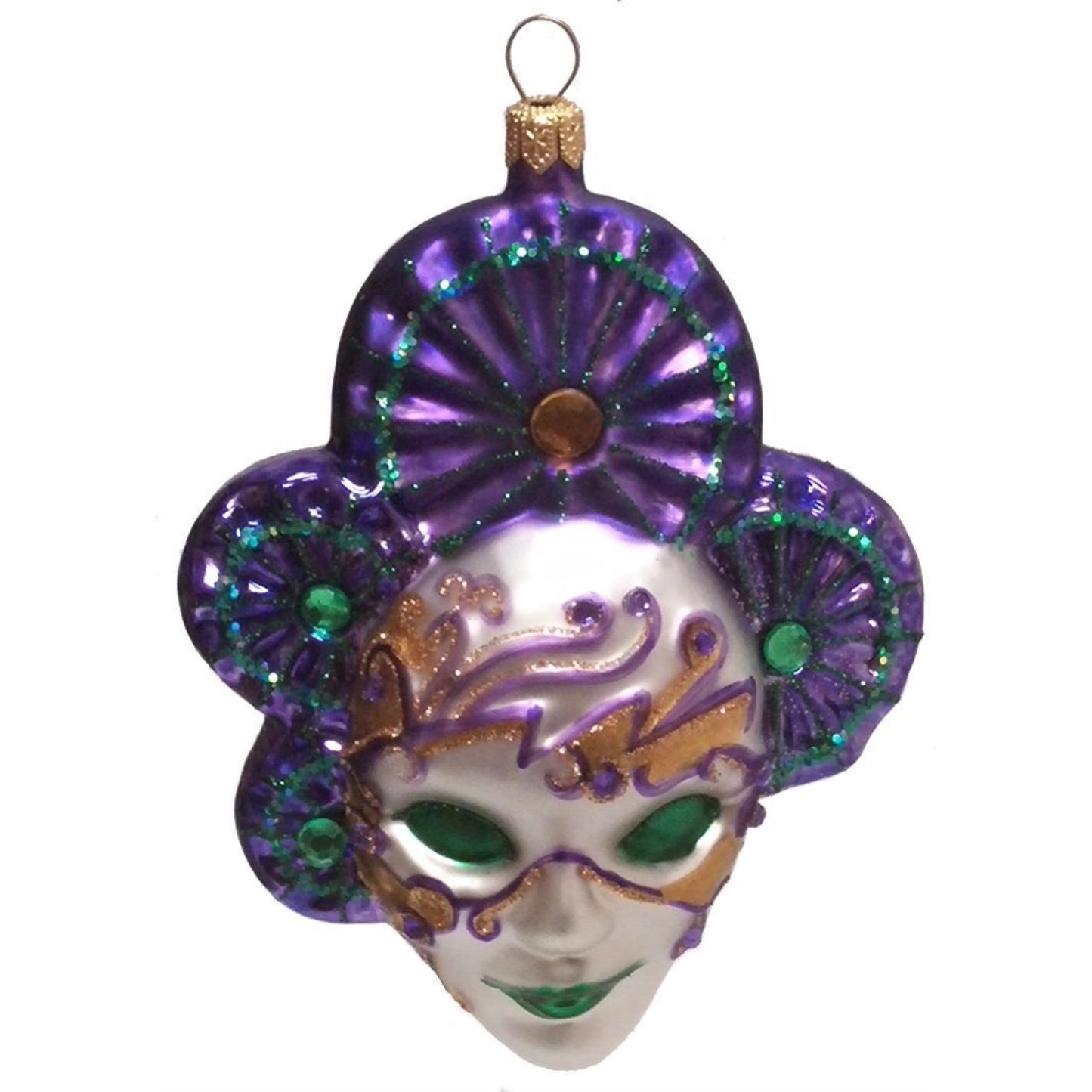Pinnacle Peak Trading Green and Purple Venetian Mask Polish Blown Glass Christmas Ornament