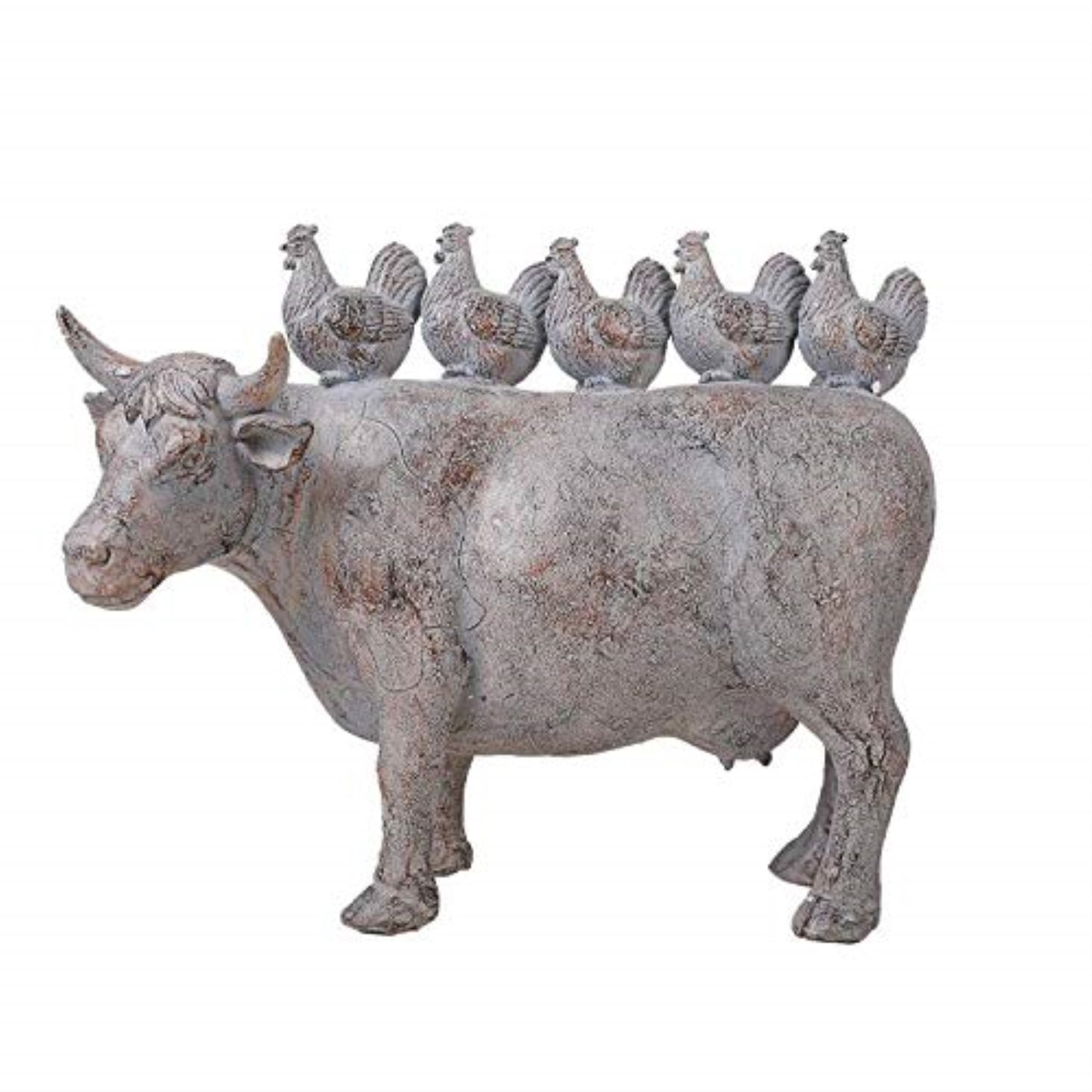 Chickens on Friendly Cow in Barnyard Rustic Design Statue Figurine Farm Decor 13.5 Inch
