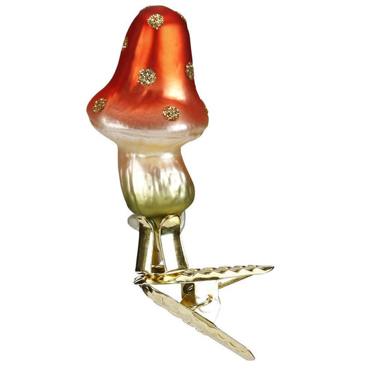 Inge Glas Tall Orange Hatter German Glass Mushroom Clip On Christmas Ornament FREE BOX