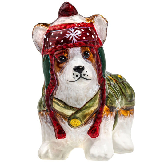 Joy to the World Pembroke Welsh Corgi in Barbour Jacket Polish Glass Ornament
