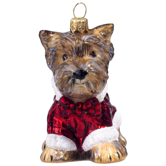 Joy to the World Yorkie Terrier with Candy Cane Sweater Polish Glass Christmas Ornament