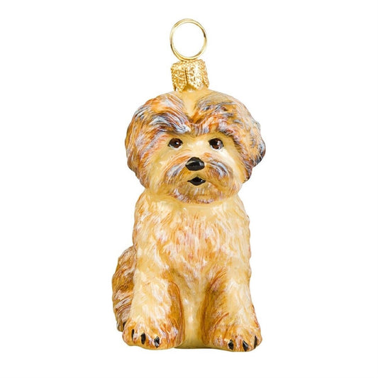 Joy to the World Tan Shorkie Sitting Dog Polish Blown Glass Christmas Ornament