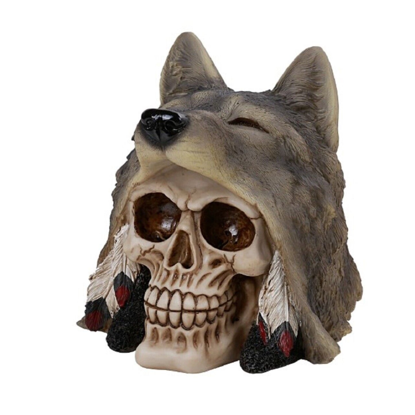 Indian Skull with Wolf Head Dress Bust Decorative Figurine 6.2 inch