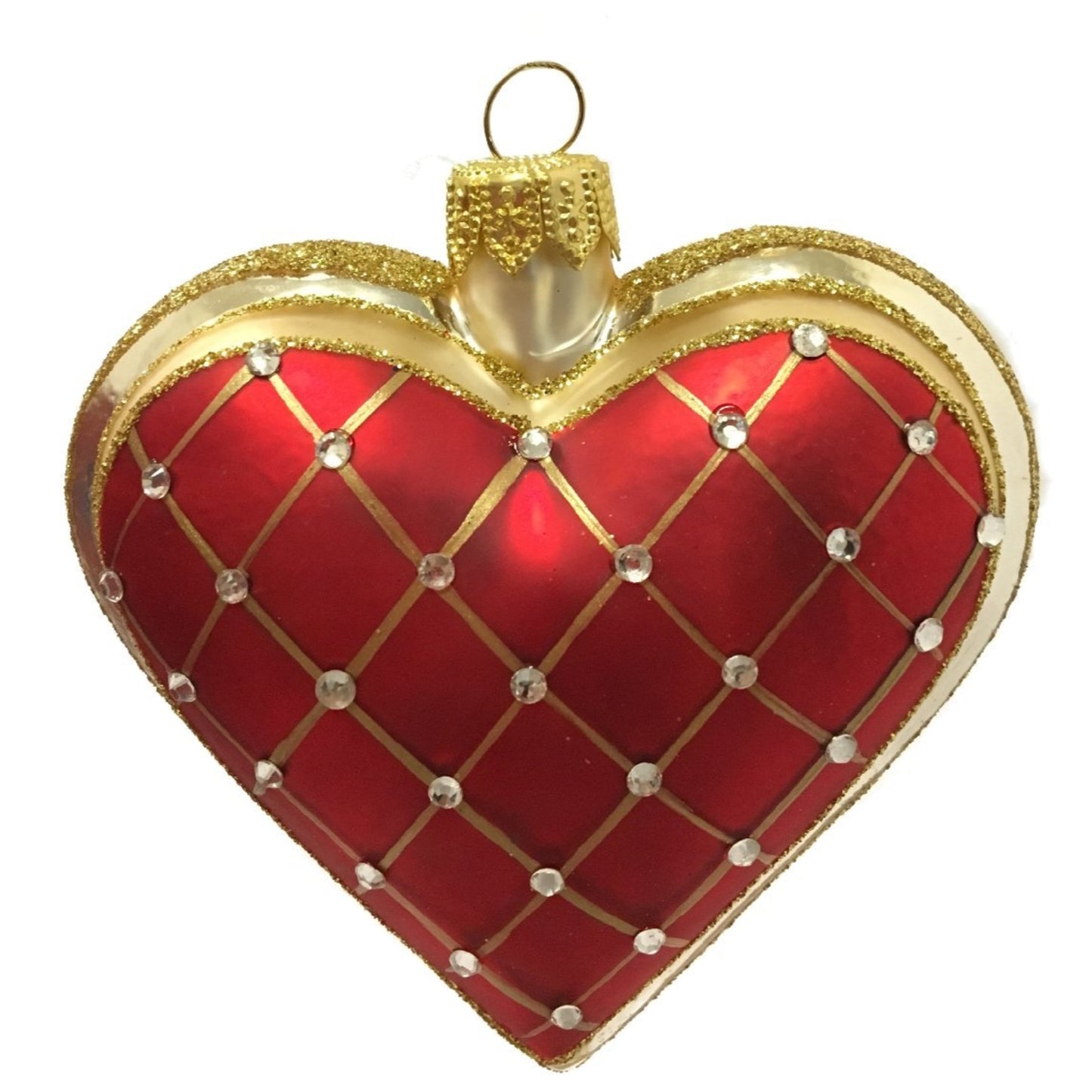 Pinnacle Peak Trading Red Heart with Gold Stripes Polish Glass Christmas Tree Ornament Made in Poland