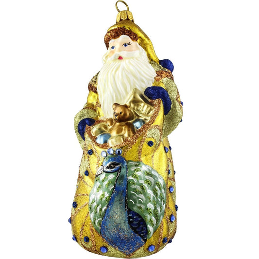 Joy to the World Glitterazzi Golden Peacock Santa Polish Glass Christmas Ornament