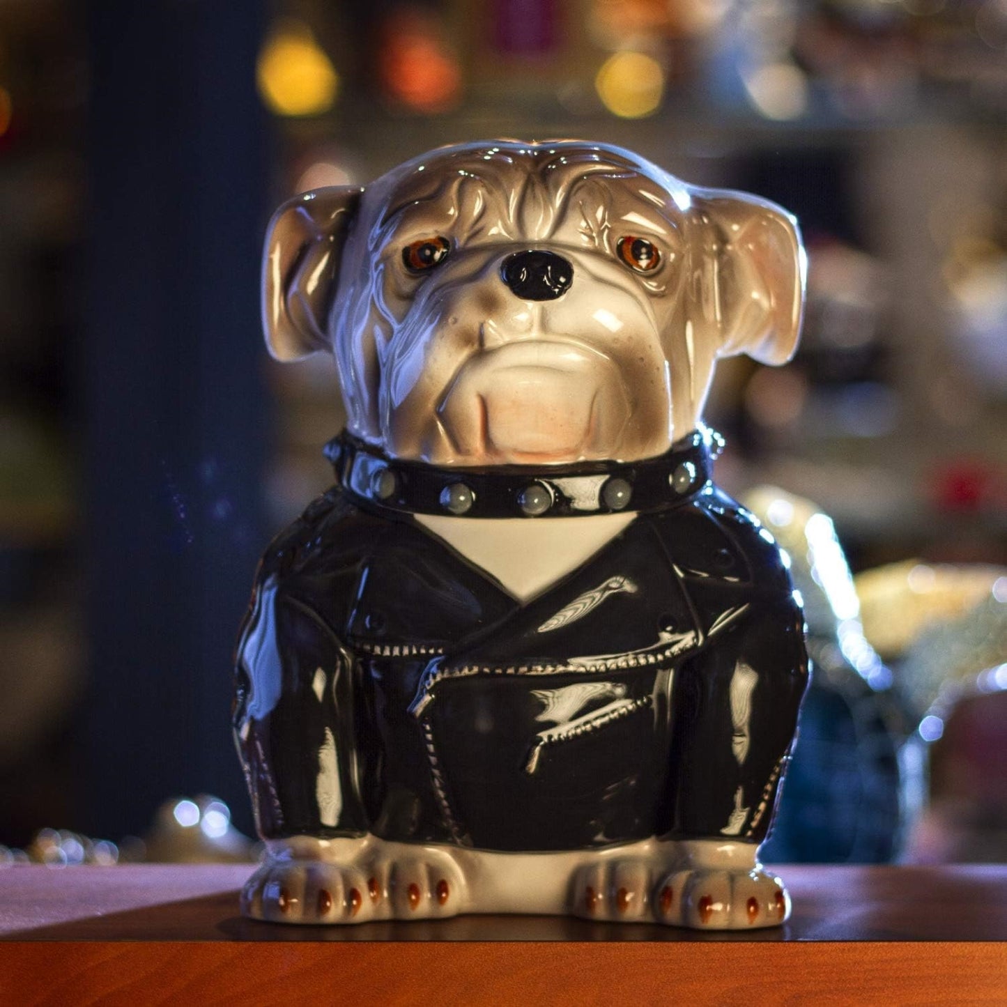 Punk Rocker Bulldog Styling in a Leather Jacket with Collar Ceramic Cookie Jar