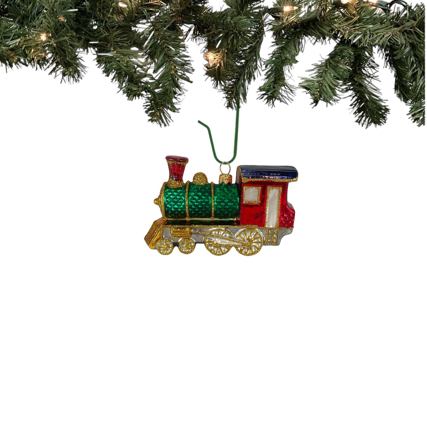 Pinnacle Peak Trading Red and Green Train Locomotive Polish Glass Christmas Tree Ornament Decoration