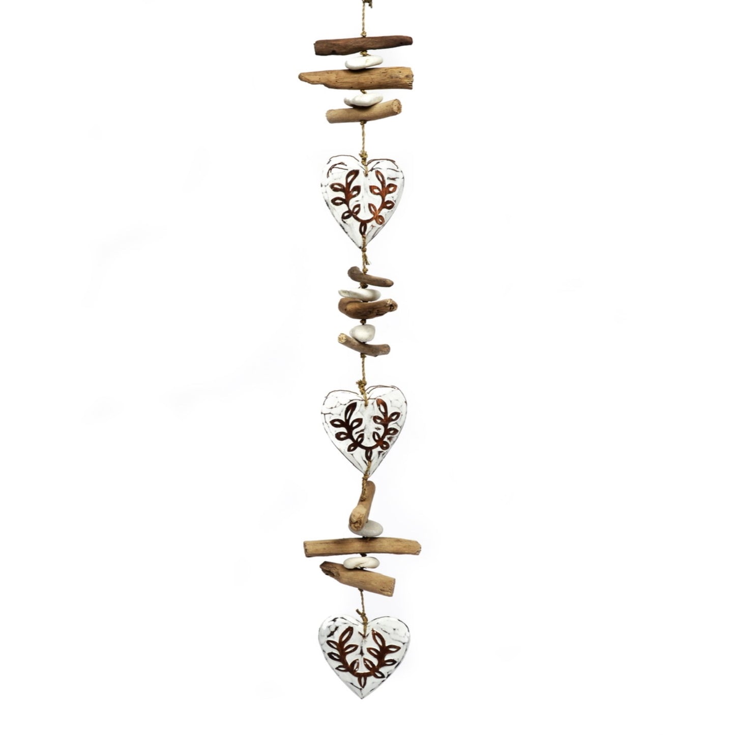 Wooden Carved Heart Strand on a Seagrass Rope with Driftwood and Stones Mobile 36 Inches Long