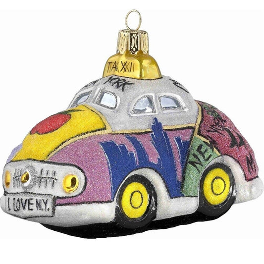 Joy to the World Glitterazzi Sidewalks of New York Taxi Cab Polish Glass Christmas Ornament NYC