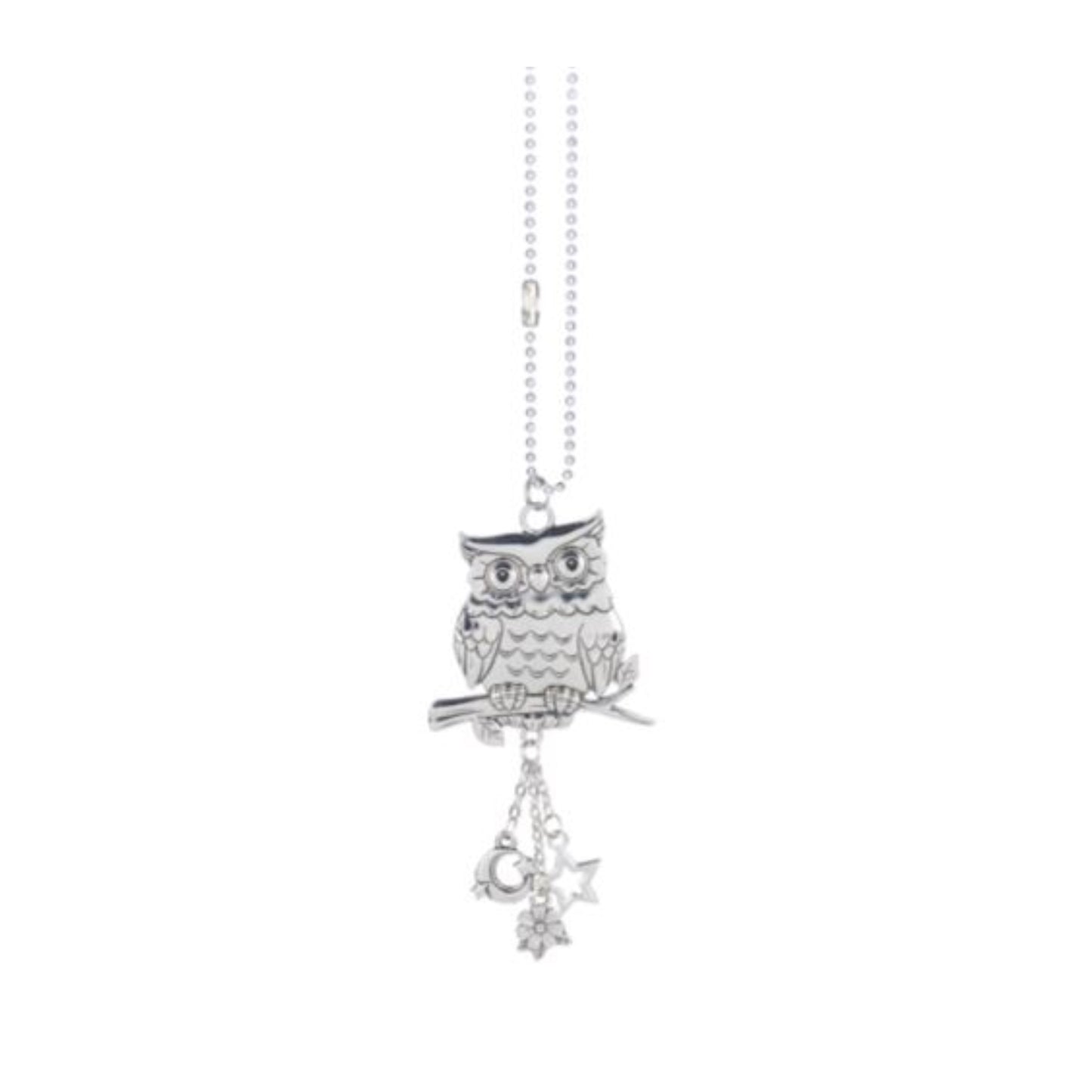 Ganz Silver Owl Perched on Branch Car Charm 7.5 Inch with Silver Chain