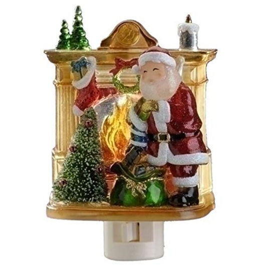 Santa with Presents Next to Fireplace Christmas Plug in Night Light 5 inch