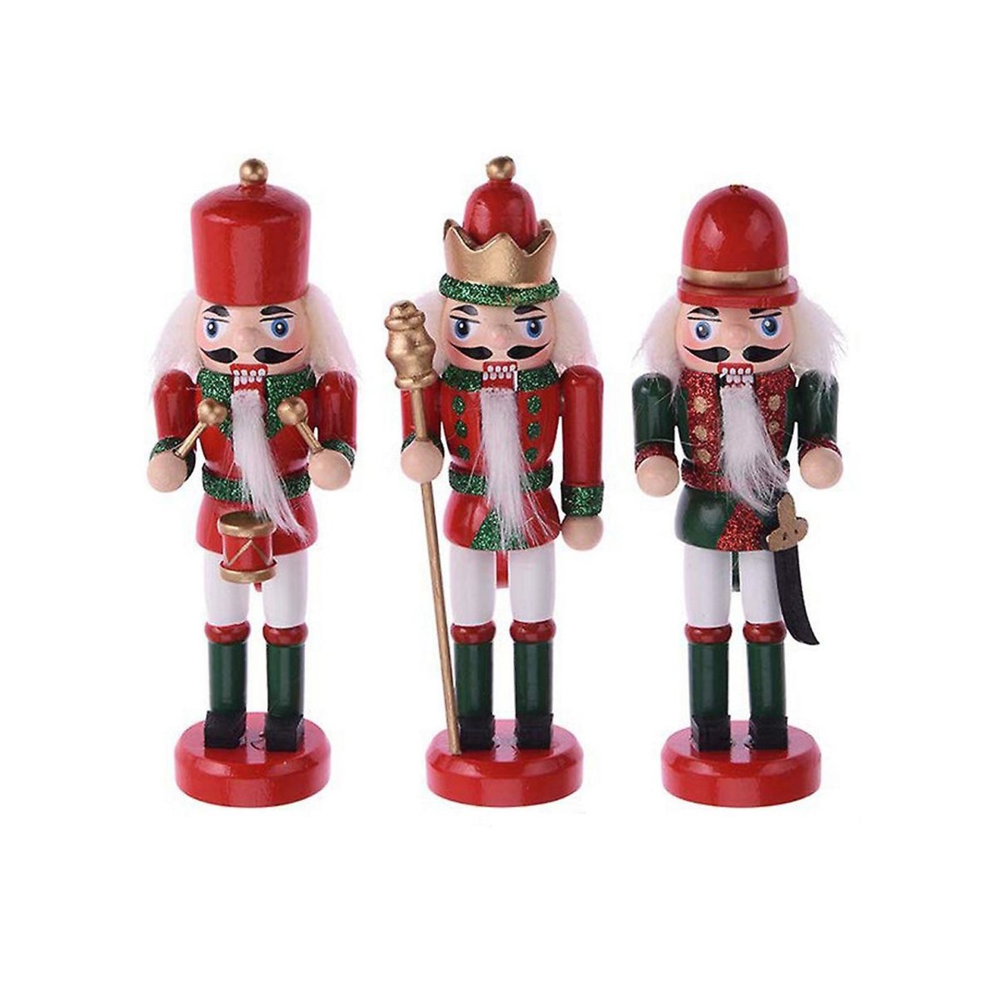 Soldier Drummer and Swordsman Christmas Wood Nutcracker Ornaments 3 Piece Set