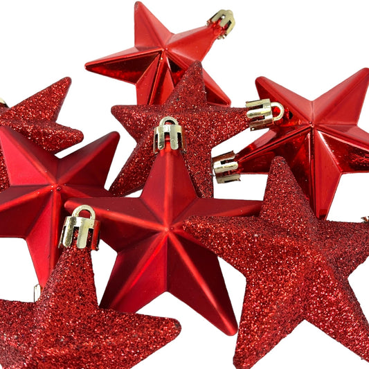 8 Piece Shiny Matte and Glitter Red Star Christmas Tree Ornament Decorations 2.5 Inch